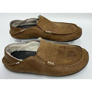 Olukai Moloa Slippers Shoes Mens 11 Brown Leather Sheepskin Lined Slip On Loafer